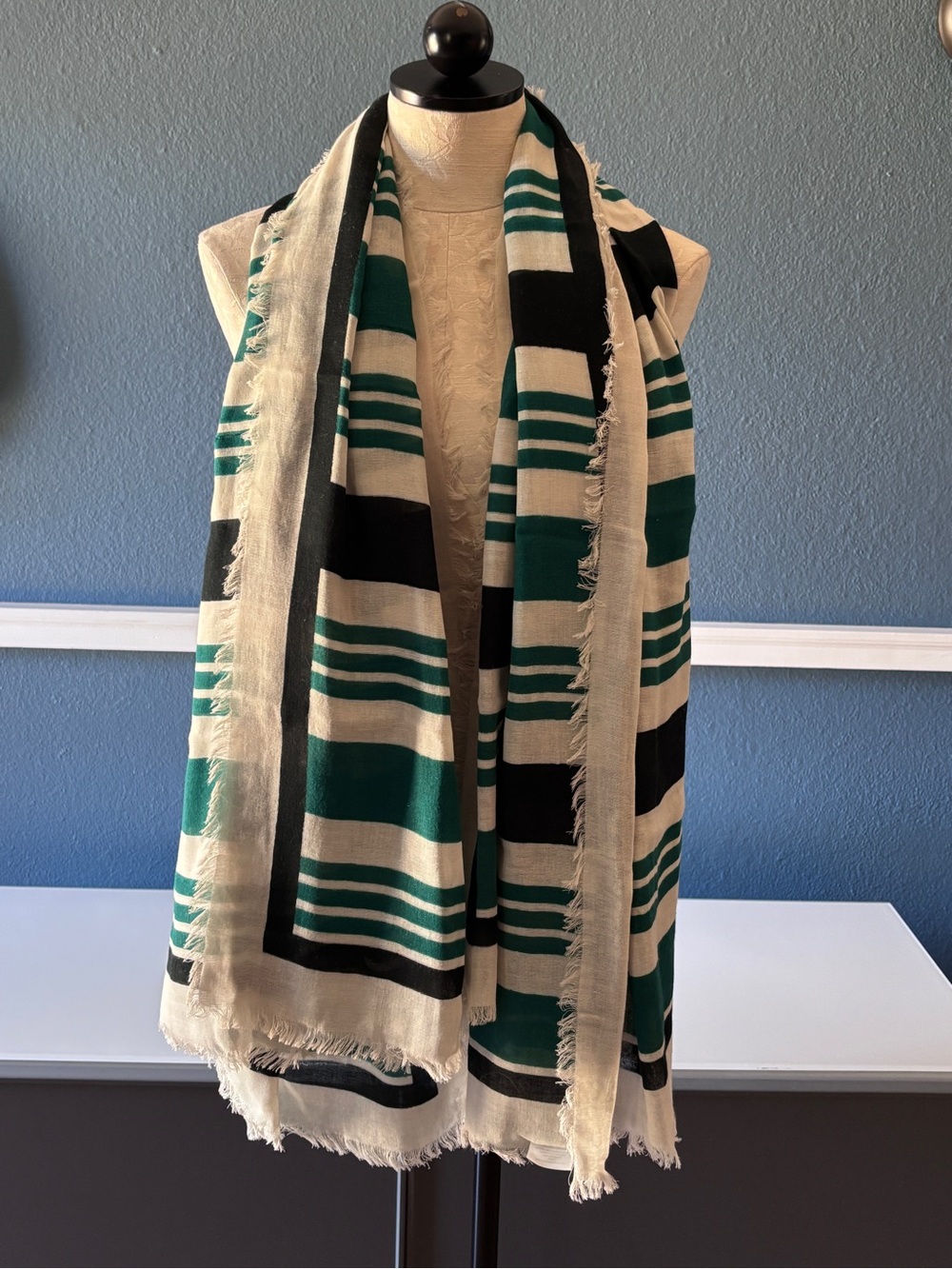 Rag & Bone 100% Cotton Striped Scarf Wrap Shawl Green Black Ivory Fringe